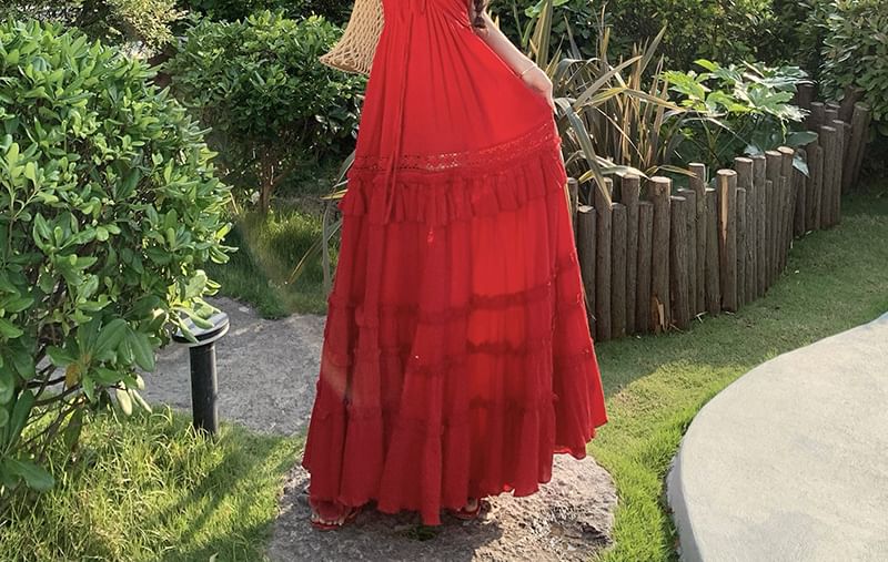 Black Halter Open Back Tiered A-Line Maxi Dress - Altfashion Shop