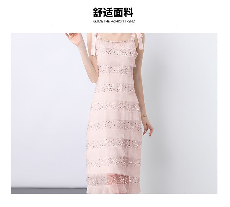 Black Tie Shoulder Sequin Beaded Panel A-Line Maxi Dress - Altfashion Shop