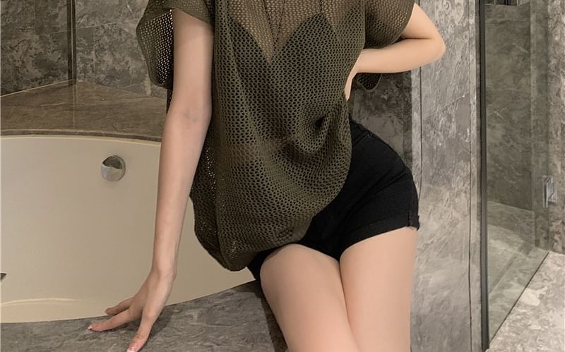 Plain Round-Neck Short-Sleeved Knit Top with Bra Top Set