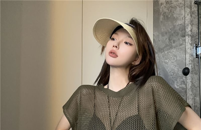 Plain Round-Neck Short-Sleeved Knit Top with Bra Top Set