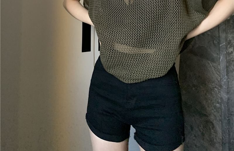 Plain Round-Neck Short-Sleeved Knit Top with Bra Top Set