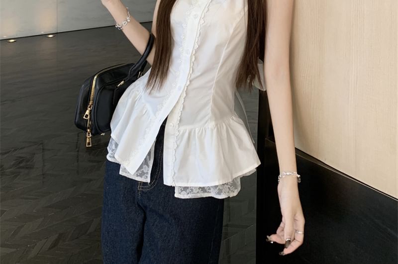 Ruffle-Panelled Collared Halter Lace Top