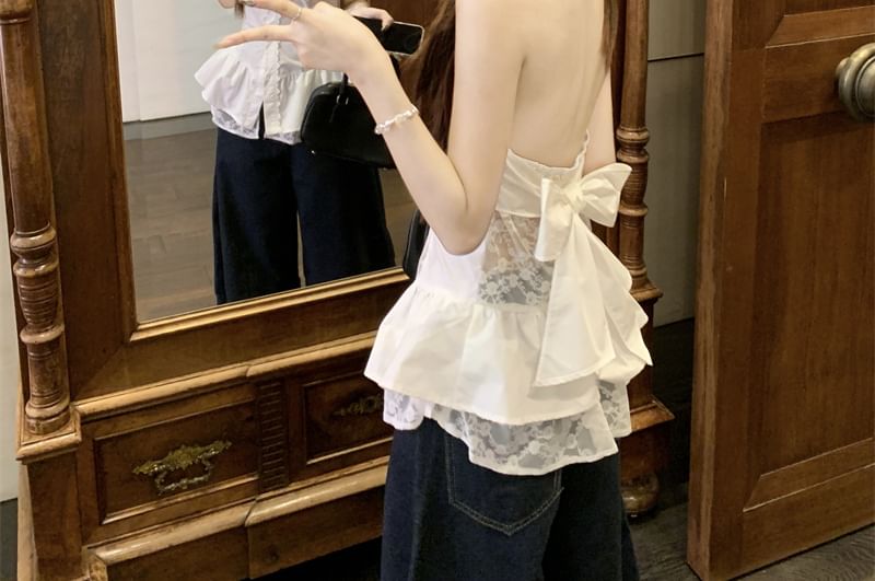 Ruffle-Panelled Collared Halter Lace Top