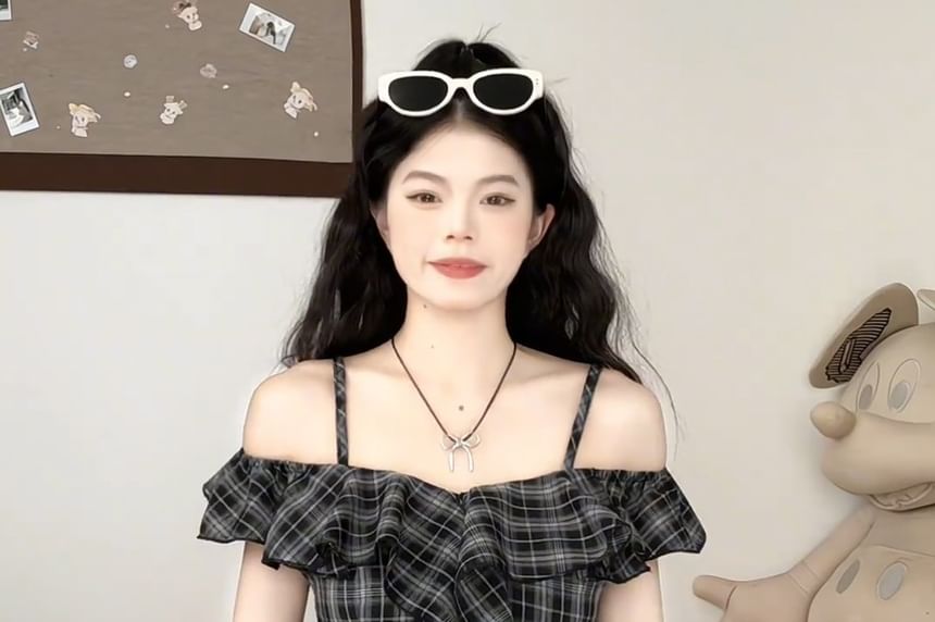Plaid Ruffle Cold-Shoulder Short-Sleeved Top
