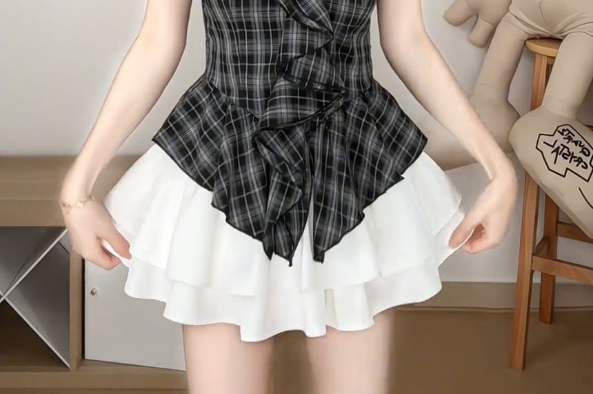 Plaid Ruffle Cold-Shoulder Short-Sleeved Top