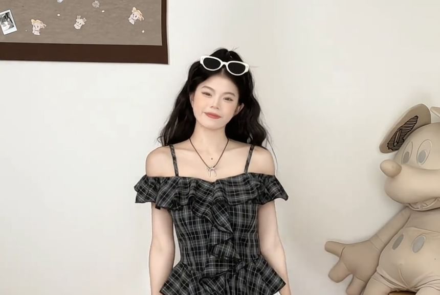 Plaid Ruffle Cold-Shoulder Short-Sleeved Top