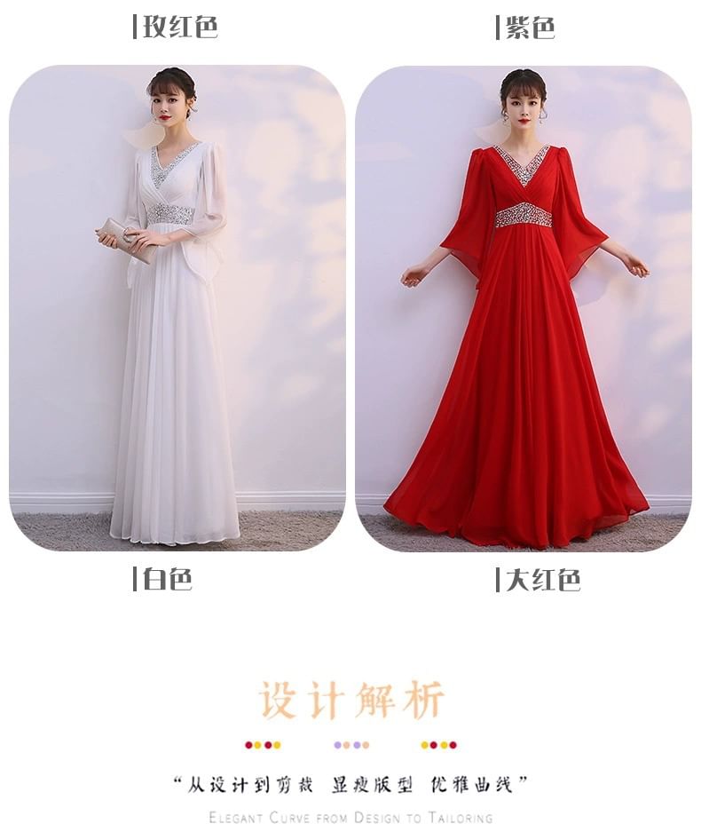 Black 3/4-Sleeve V-Neck Lace Panel A-Line Maxi Dress - Altfashion Shop
