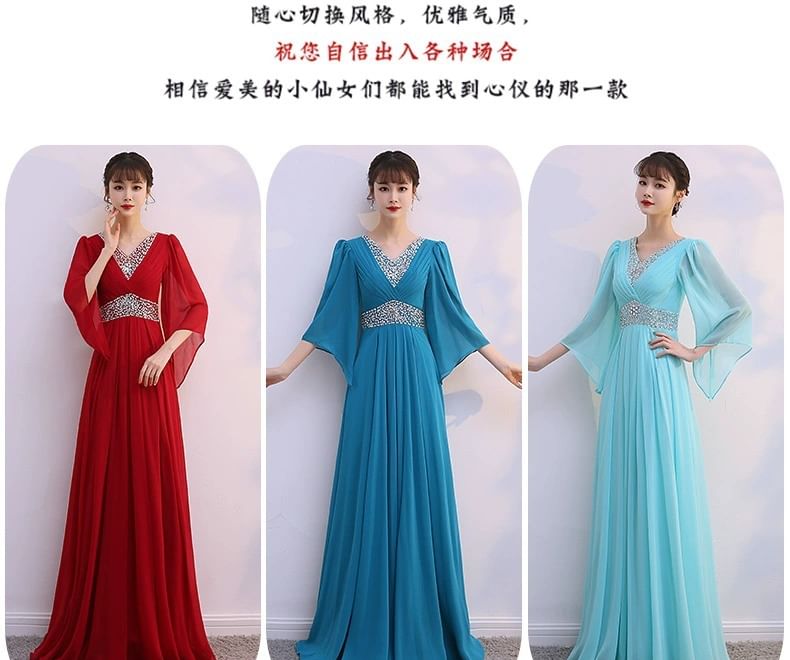 Black 3/4-Sleeve V-Neck Lace Panel A-Line Maxi Dress - Altfashion Shop