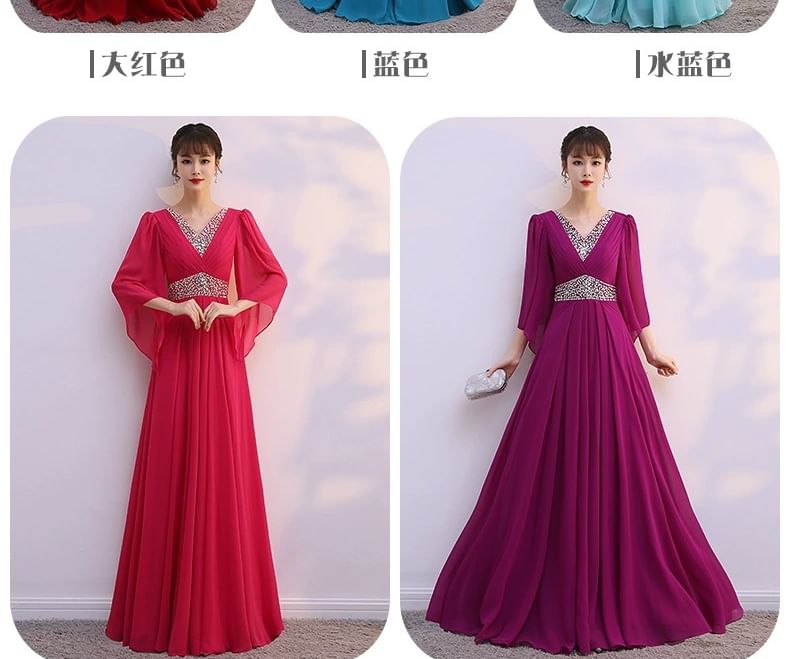 Black 3/4-Sleeve V-Neck Lace Panel A-Line Maxi Dress - Altfashion Shop