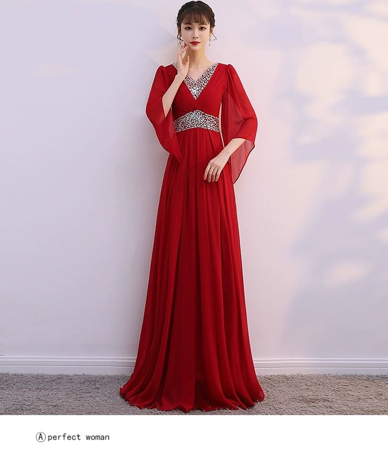 Black 3/4-Sleeve V-Neck Lace Panel A-Line Maxi Dress - Altfashion Shop