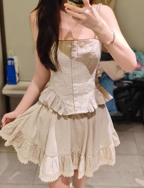 Button-Front Ruffle Gingham Camisole & High-Waist Mini A-Line Skirt