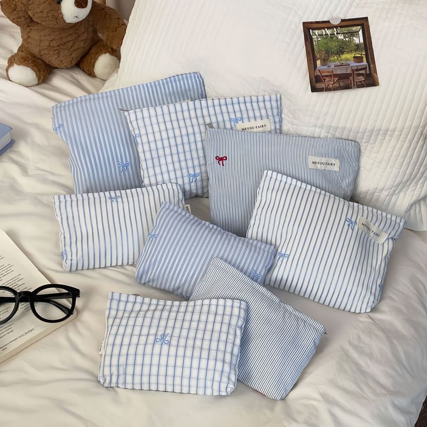 Bow / Striped / Plaid Fabric Travel Makeup Bag (Various Designs)