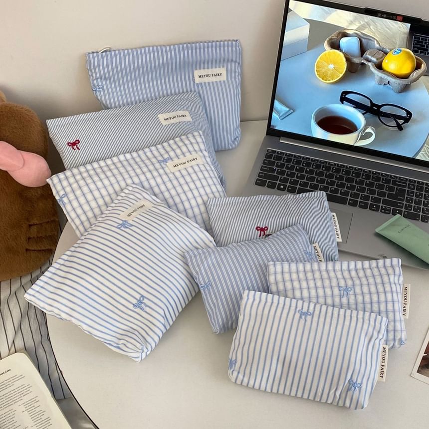 Bow / Striped / Plaid Fabric Travel Makeup Bag (Various Designs)