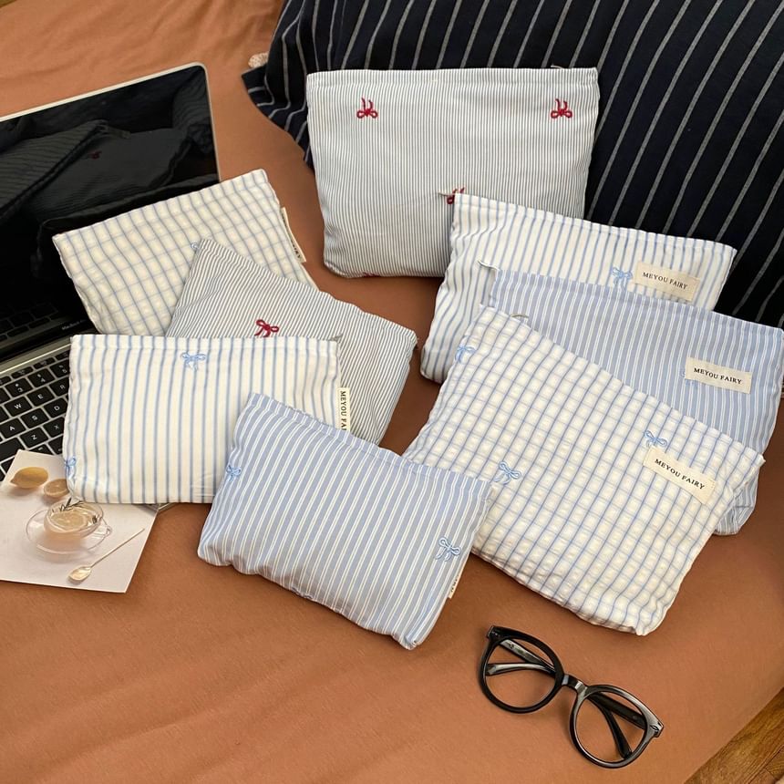Bow / Striped / Plaid Fabric Travel Makeup Bag (Various Designs)