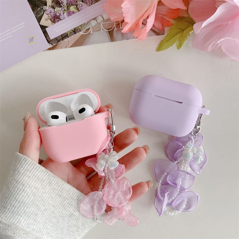 Plain Apple AirPods / Pro Earphone Case Skin with Petal Faux Pearl Charm