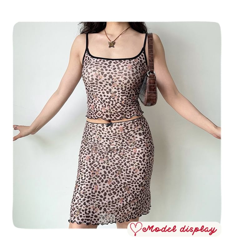 Leopard-Printed Scoop-Neck Spaghetti-Strap Cami with High-Rise A-Line Skirt