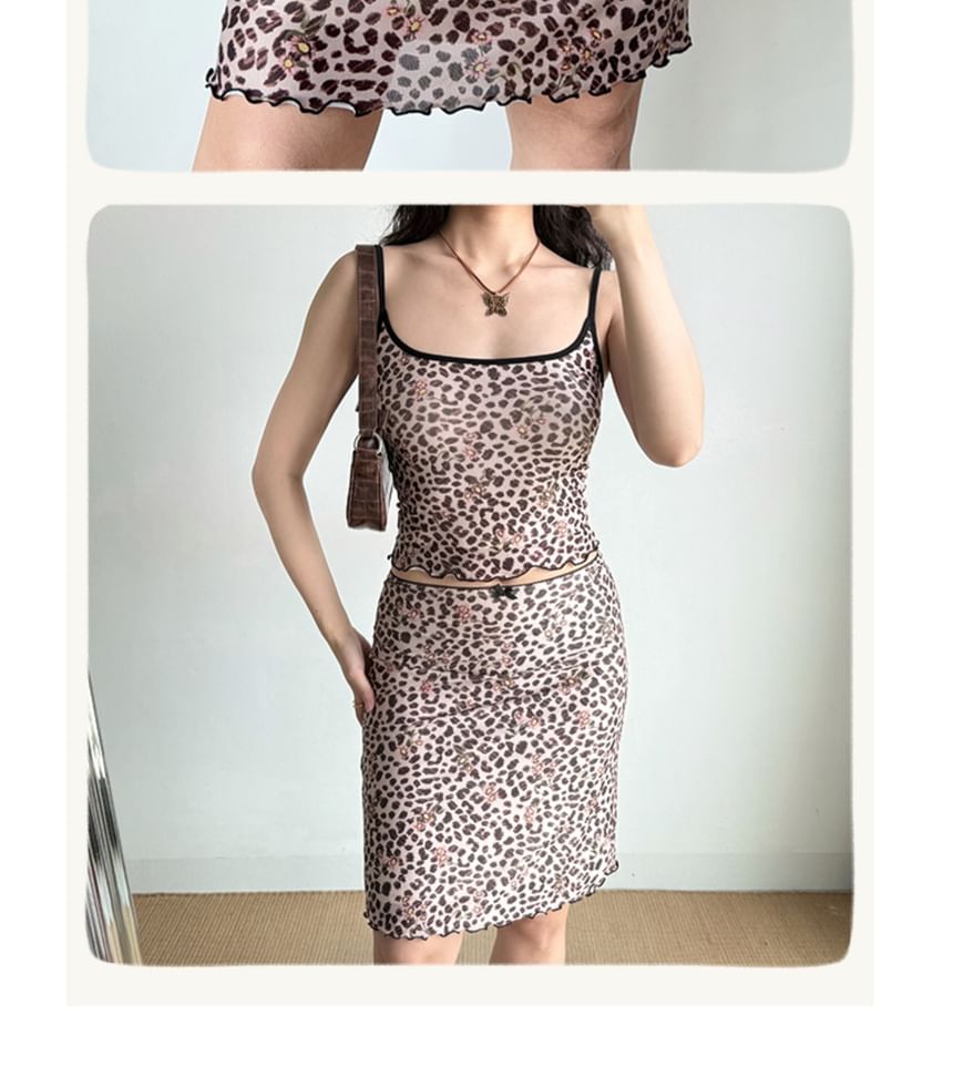 Leopard-Printed Scoop-Neck Spaghetti-Strap Cami with High-Rise A-Line Skirt
