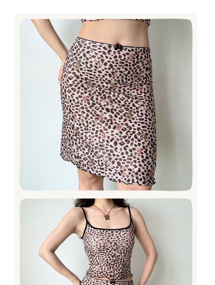Leopard-Printed Scoop-Neck Spaghetti-Strap Cami with High-Rise A-Line Skirt