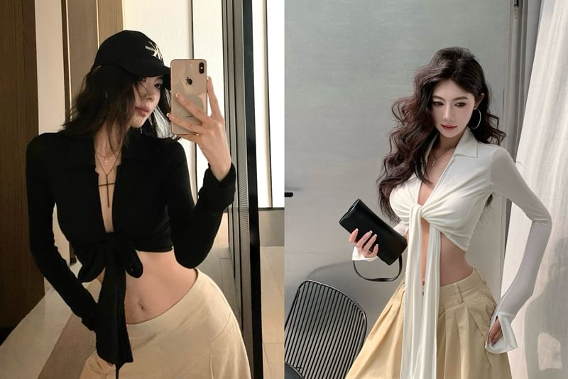 Tie-Front Collared V-Neck Long-Sleeved Cropped Plain Top