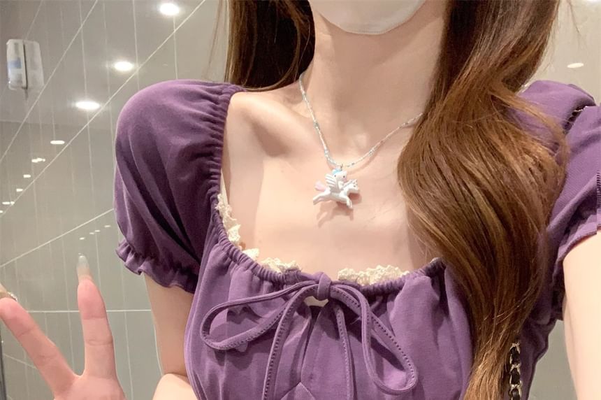 Square-Neck Puff-Sleeved Lace-Trimmed Tie-Front Fitted Blouse