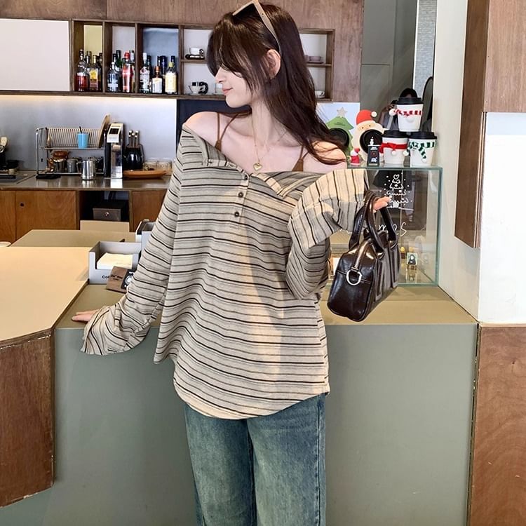 Striped Loose-Fit Off-Shoulder Long-Sleeved Tee