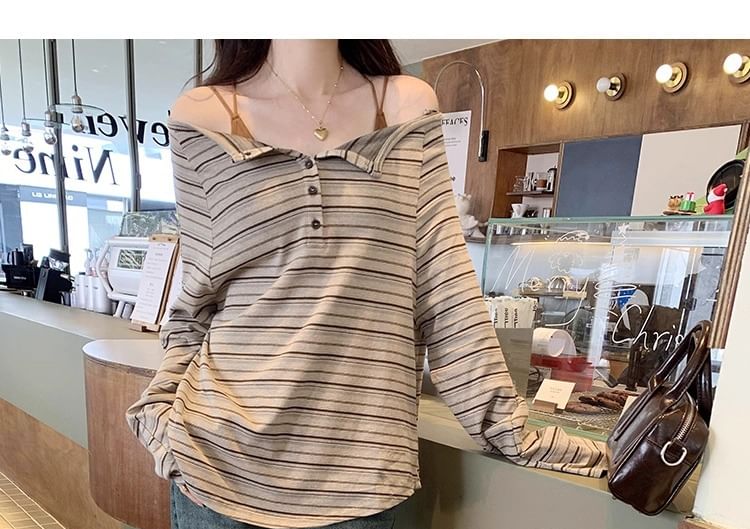 Striped Loose-Fit Off-Shoulder Long-Sleeved Tee