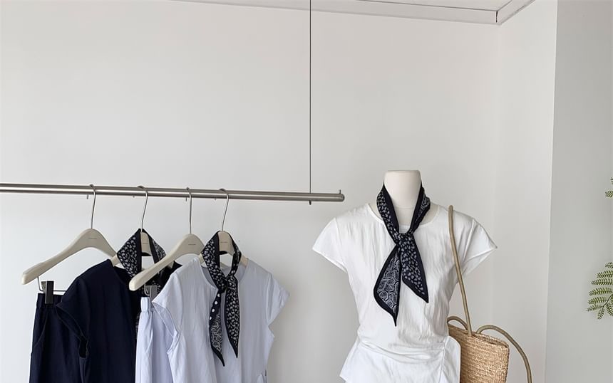 Tie-Waist Crew-Neck Short-Sleeved Top with Maxi Skirt and Scarf Set