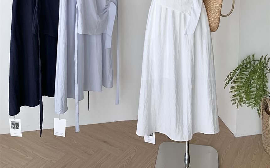 Tie-Waist Crew-Neck Short-Sleeved Top with Maxi Skirt and Scarf Set