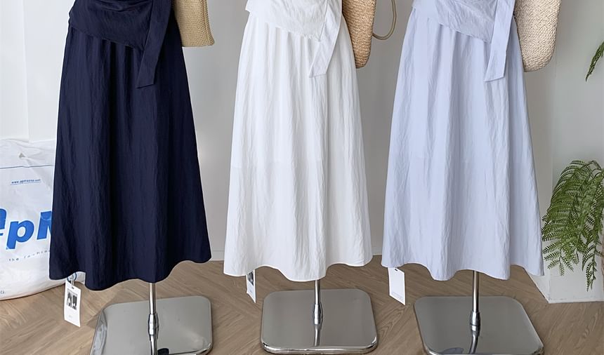 Tie-Waist Crew-Neck Short-Sleeved Top with Maxi Skirt and Scarf Set
