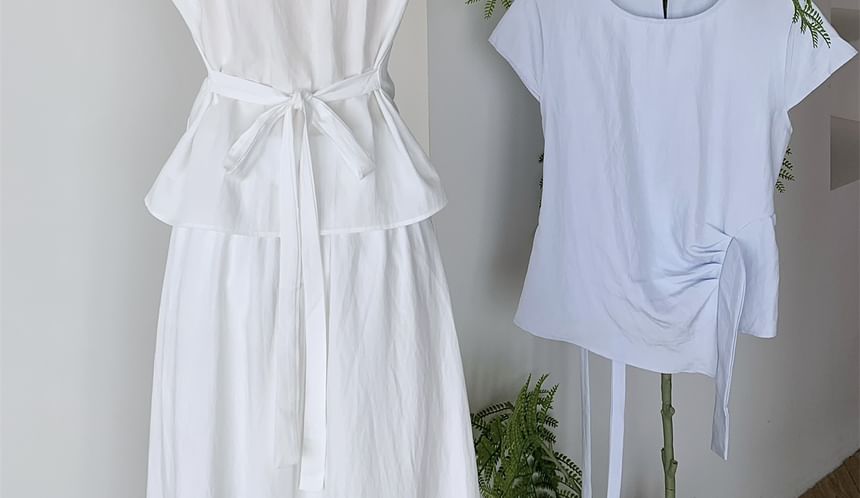 Tie-Waist Crew-Neck Short-Sleeved Top with Maxi Skirt and Scarf Set