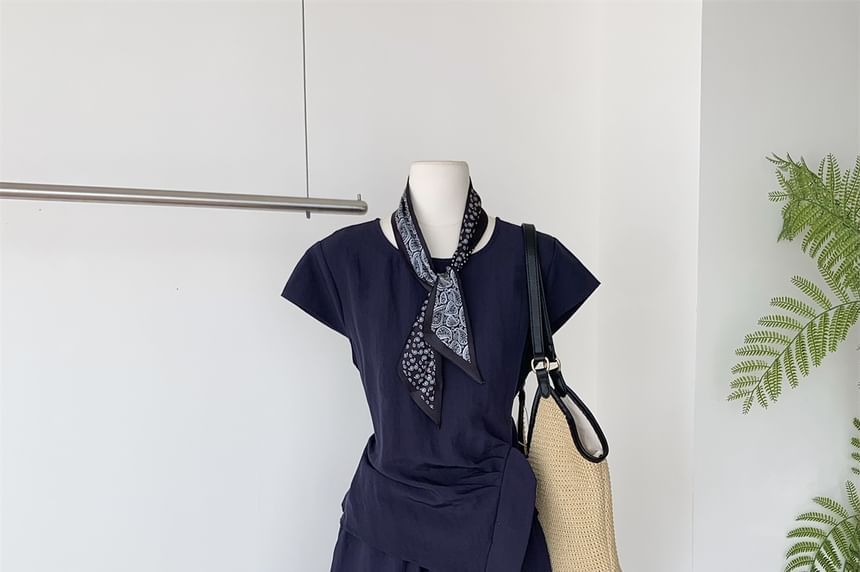 Tie-Waist Crew-Neck Short-Sleeved Top with Maxi Skirt and Scarf Set