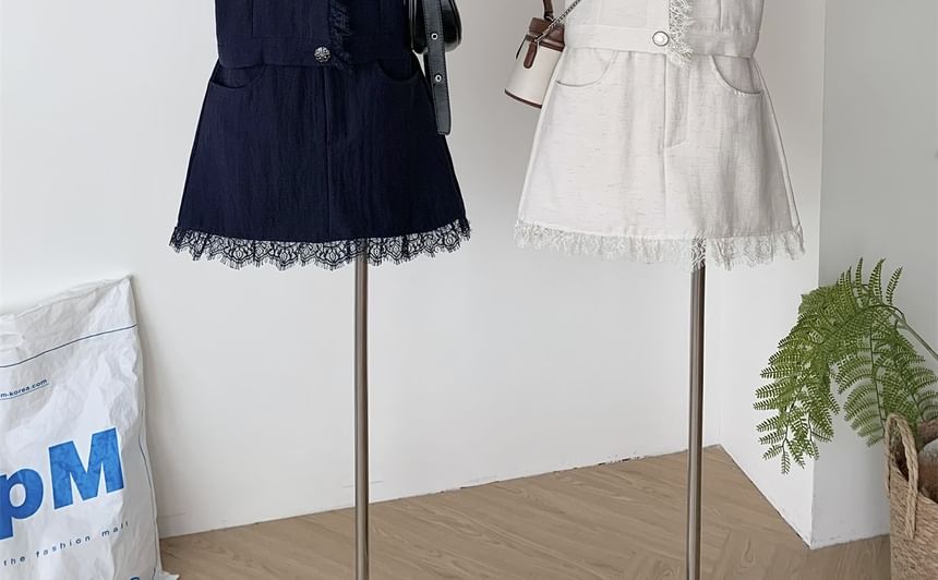 Lace-Trimmed Collared Sleeveless Top with High-Waisted Mini Skirt Set