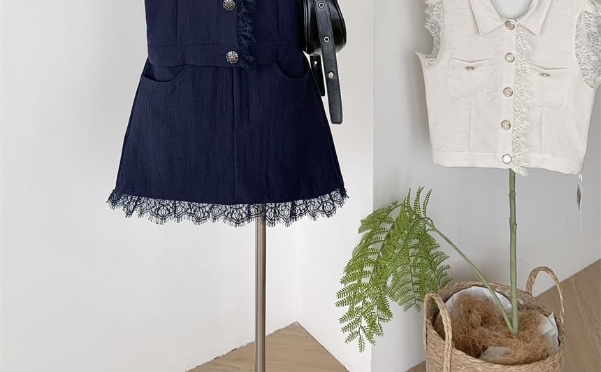Lace-Trimmed Collared Sleeveless Top with High-Waisted Mini Skirt Set