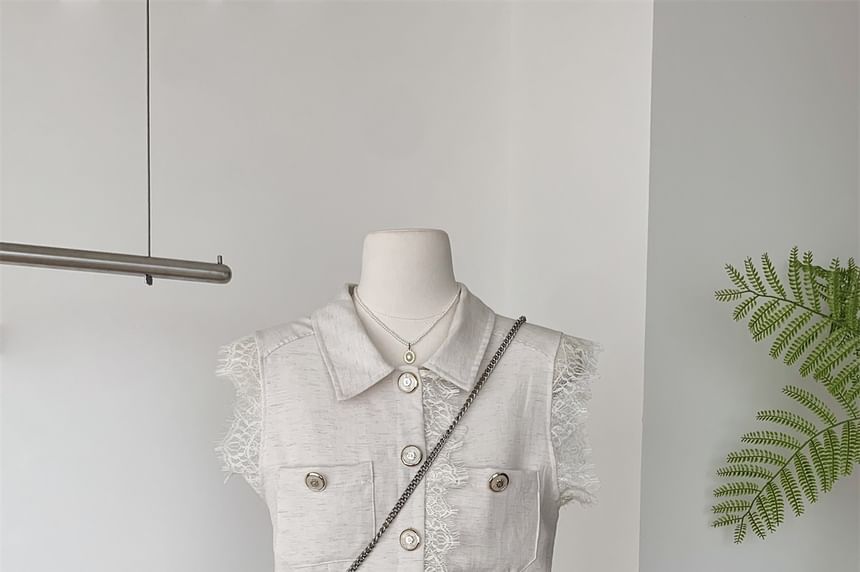 Lace-Trimmed Collared Sleeveless Top with High-Waisted Mini Skirt Set