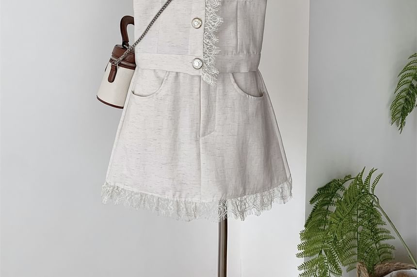 Lace-Trimmed Collared Sleeveless Top with High-Waisted Mini Skirt Set