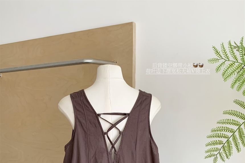 Ruffle-Trimmed V-Neck Sleeveless Plain Top