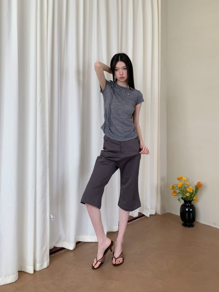 Ruched Melange Cowl-Neck Short-Sleeved T-Shirt