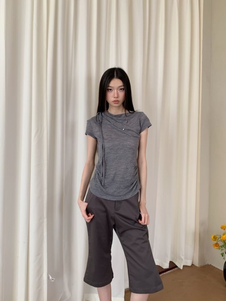 Ruched Melange Cowl-Neck Short-Sleeved T-Shirt