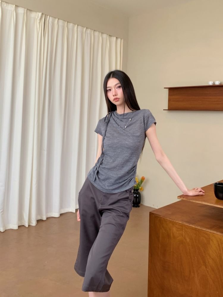 Ruched Melange Cowl-Neck Short-Sleeved T-Shirt