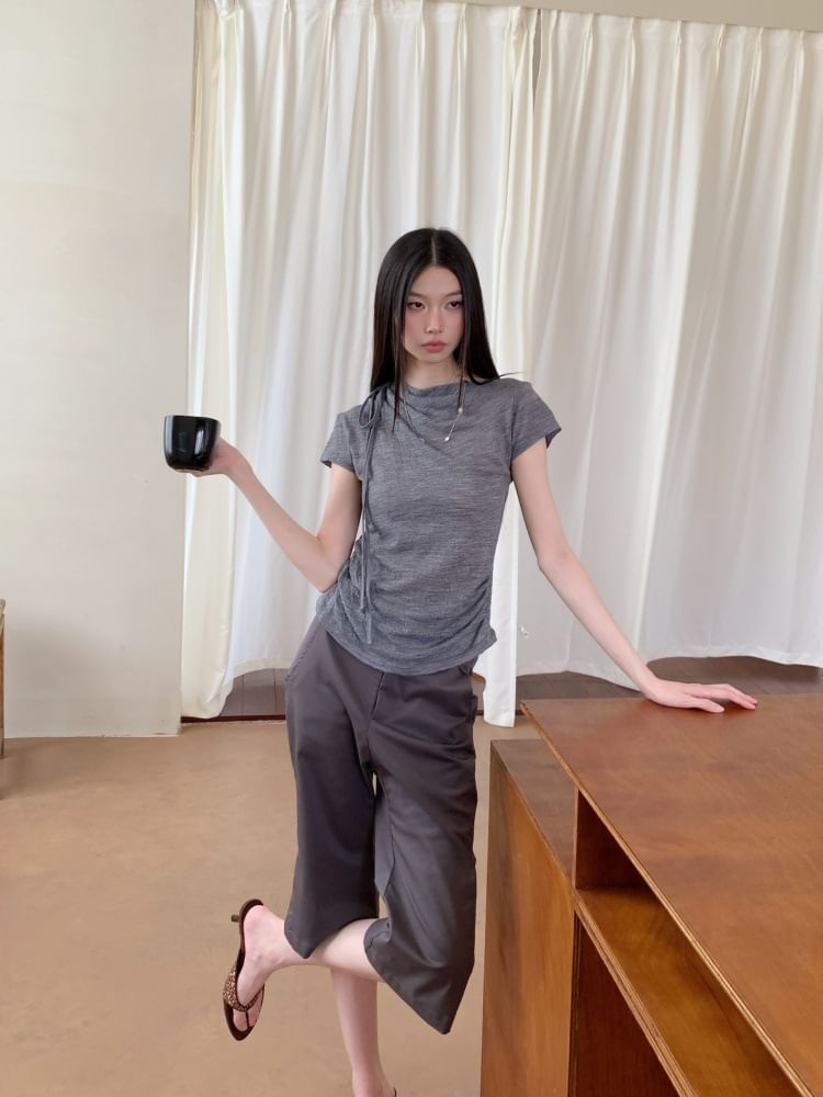 Ruched Melange Cowl-Neck Short-Sleeved T-Shirt