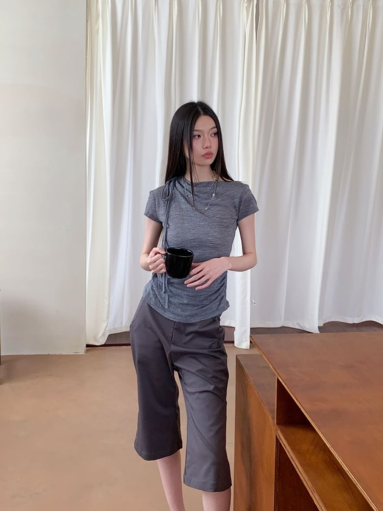 Ruched Melange Cowl-Neck Short-Sleeved T-Shirt