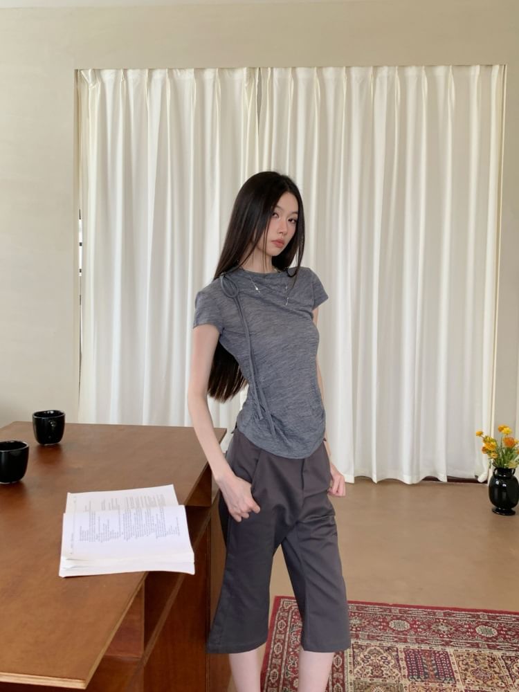 Ruched Melange Cowl-Neck Short-Sleeved T-Shirt