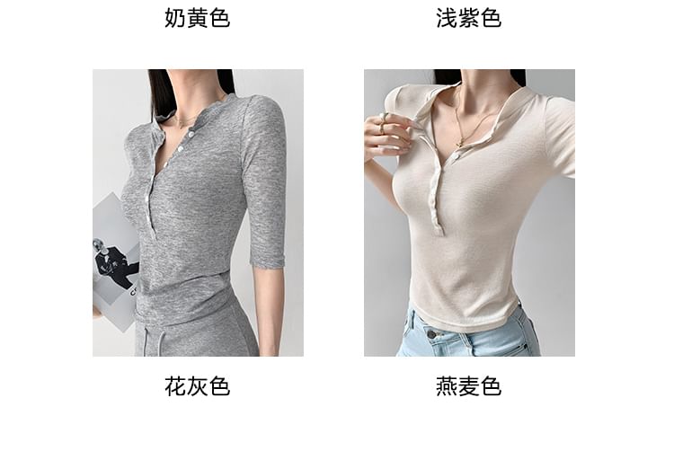 Slim-Fit Henley Elbow-Sleeved T-Shirt