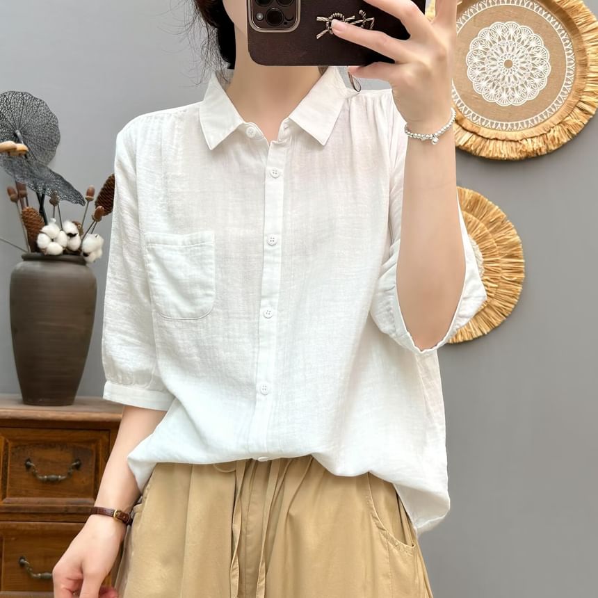 Collared Plain Elbow-Sleeved Blouse