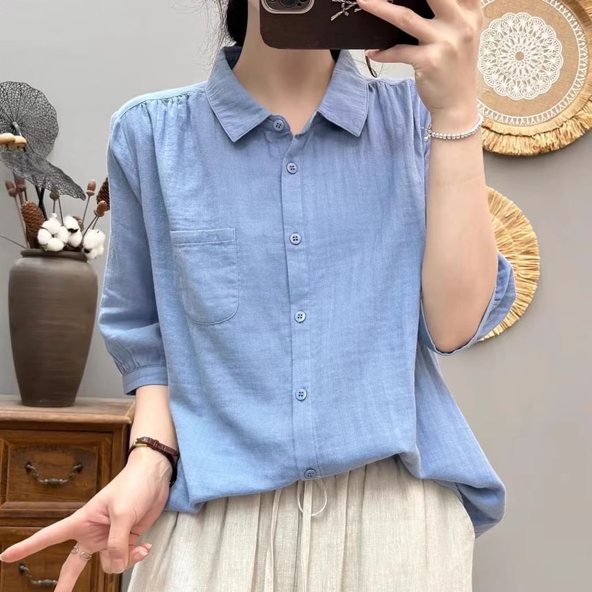 Collared Plain Elbow-Sleeved Blouse