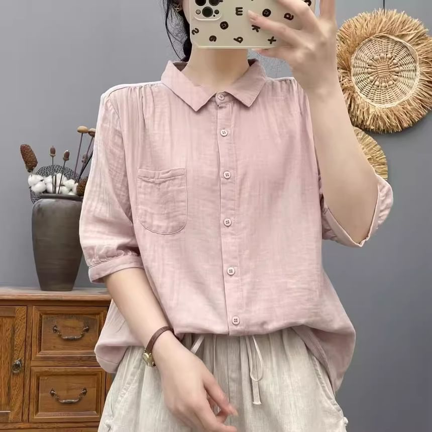 Collared Plain Elbow-Sleeved Blouse