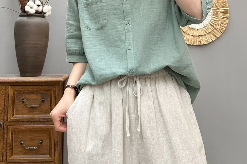 Collared Plain Elbow-Sleeved Blouse
