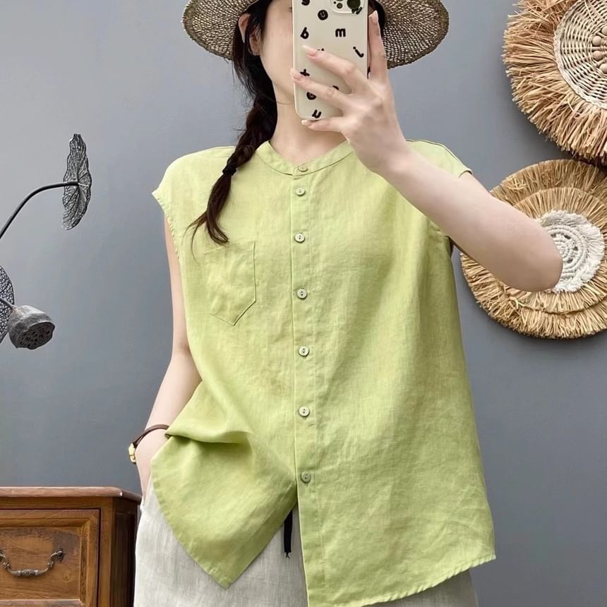 Plain Band-Collar Cap-Sleeved Blouse
