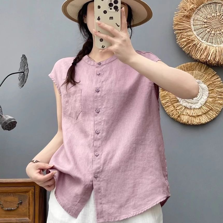Plain Band-Collar Cap-Sleeved Blouse