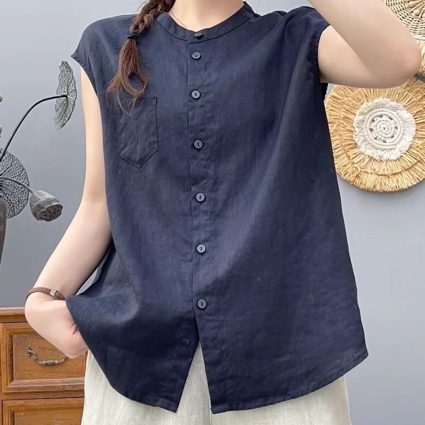 Plain Band-Collar Cap-Sleeved Blouse